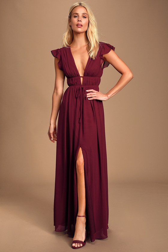 Boho Burgundy Maxi Dress Chiffon Maxi Dress Ruffled Maxi Lulus