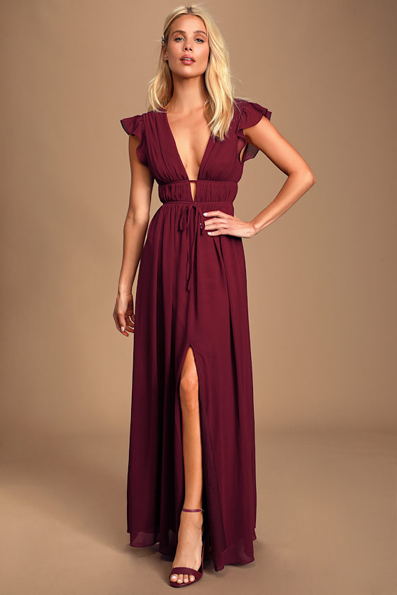 I'm All Yours Burgundy Ruffled Maxi Dress 1
