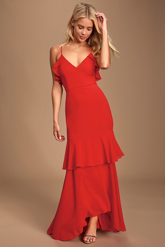 red ruffle high low dress