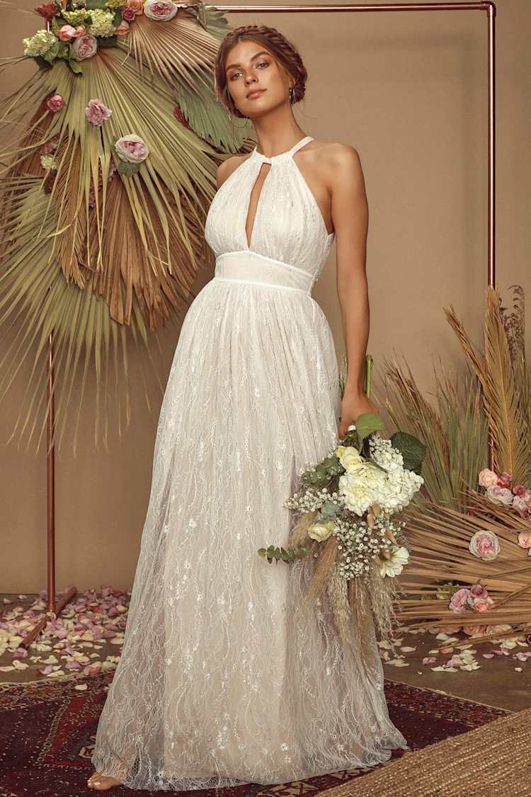 chinese dress ladies “Bianca” Halter Lace Maxi Dress -White