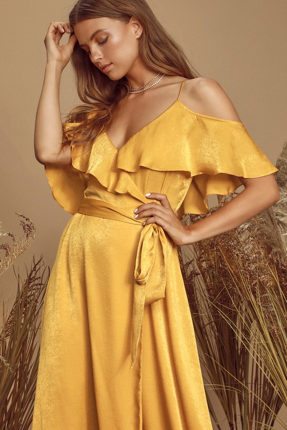 mustard satin wrap dress