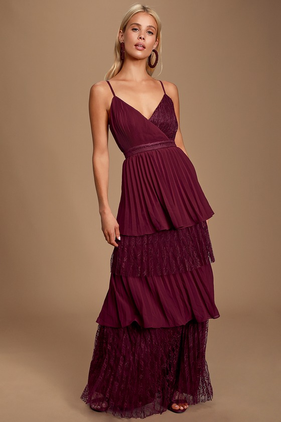 Date With a Daydream Burgundy Pleated Lace Tiered Maxi Dress