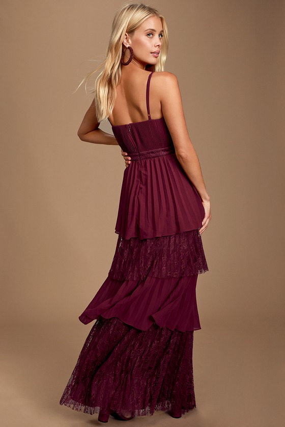 Burgundy Maxi Dress - Chiffon Maxi - Lace Maxi - Pleated Maxi - Lulus