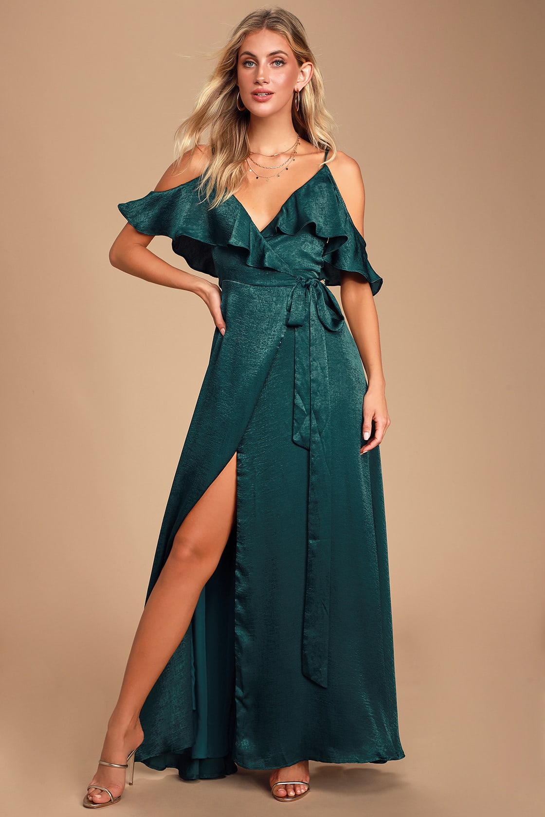 Moriah Emerald Green Satin Wrap Maxi Dress
