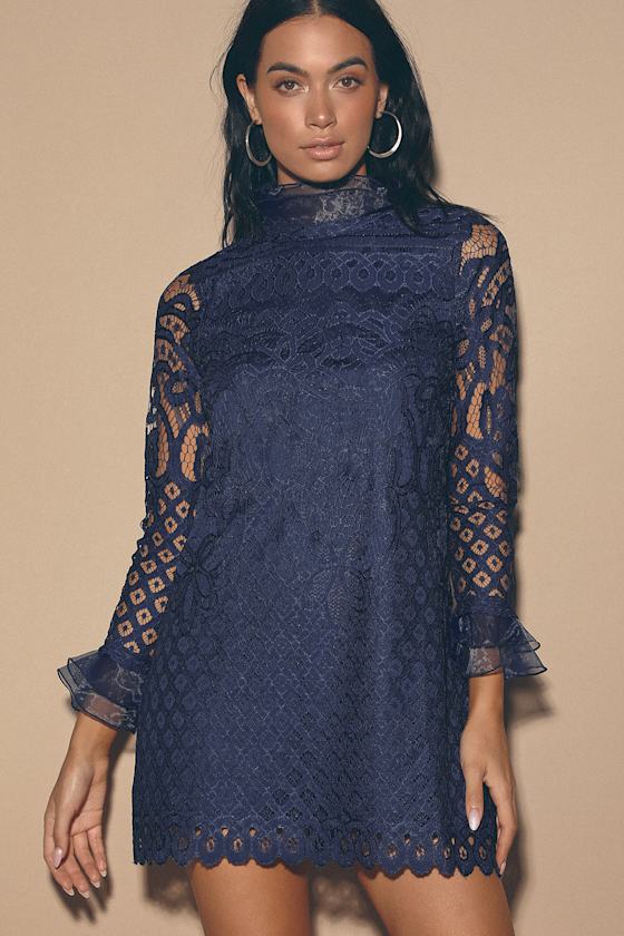Love and Joy Navy Blue Lace Long Sleeve Shift Dress 1
