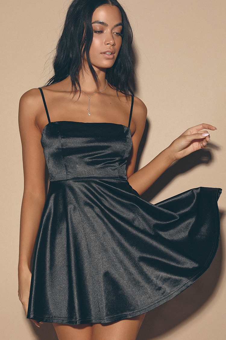 black satin skater dress Cute Black Skater Dress - Satin Skater Dress - Satin Dress - LBD