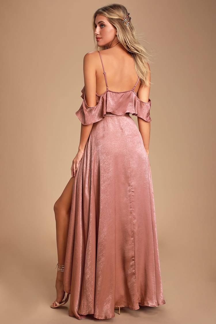 Moriah Rose Satin Cold-Shoulder Wrap Maxi Dress