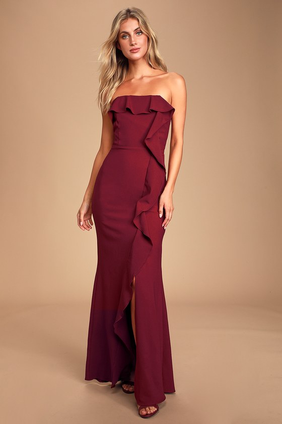 strapless ruffle maxi dress