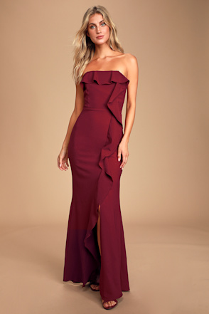 Chic Burgundy Maxi Dress - Strapless Dress - Ruffled Dress - Lulus