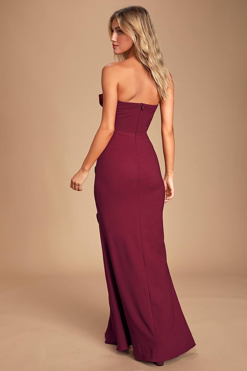brown prom dresses 2023 BURGUNDY VELVET MIDI STRAPLESS DRESS  Le Obsession Boutique