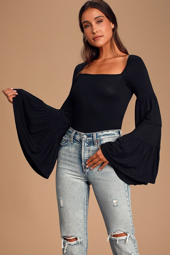 Free People Babetown - Black Bell Sleeve Top - Black Blouse - Lulus