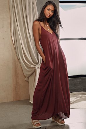 lulus make me move burgundy maxi dress Boho Maxi Dress - Casual Dress - Burgundy Dress