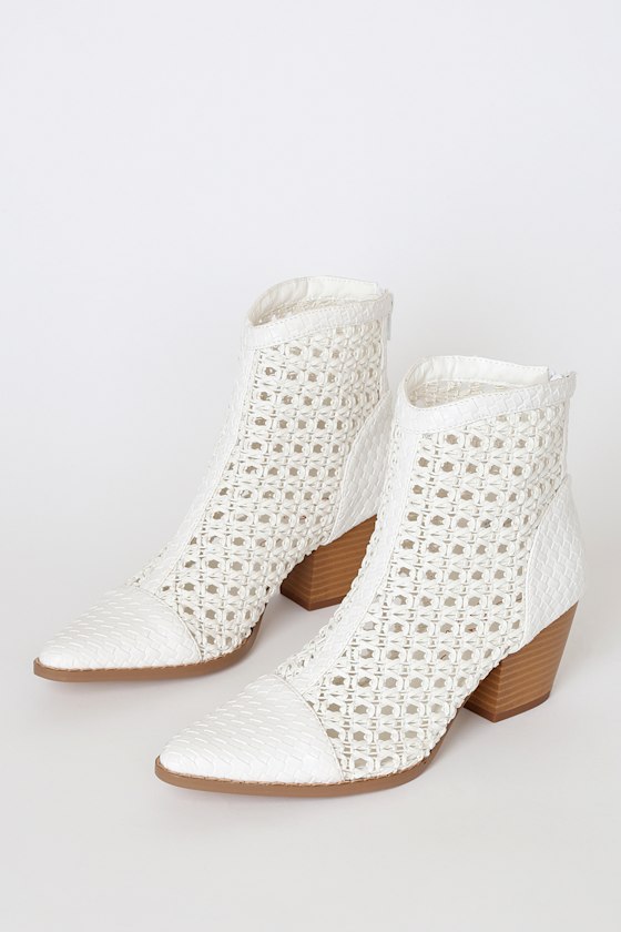 Caught Up White Woven Pointed-Toe Ankle Boots 1