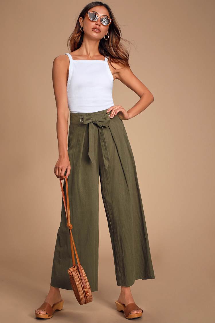 Makenzie Olive Green Wide-Leg Cropped Pants