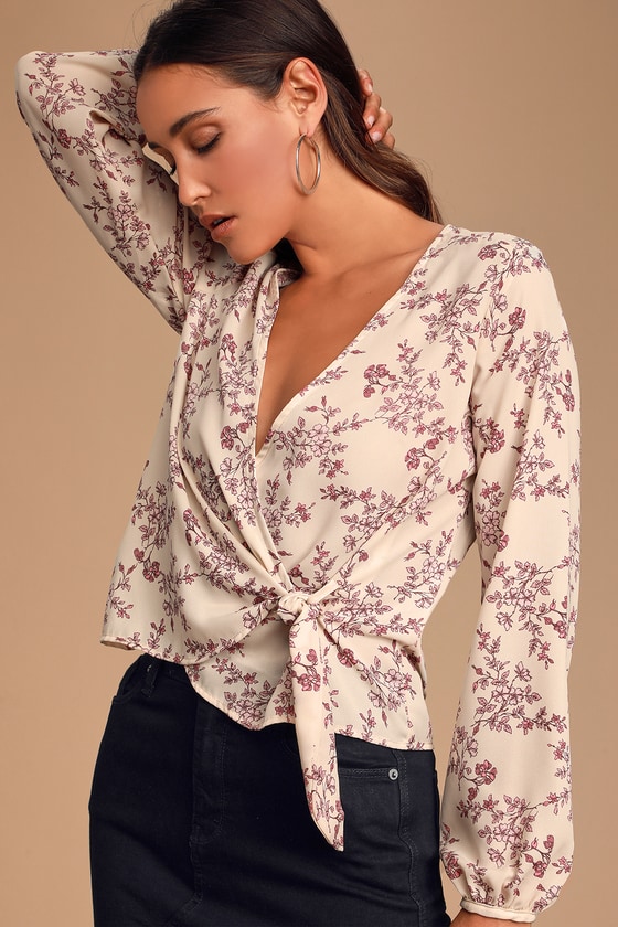 Cute Cream Floral Print Top - Floral Wrap Top - Long Sleeve Top - Lulus