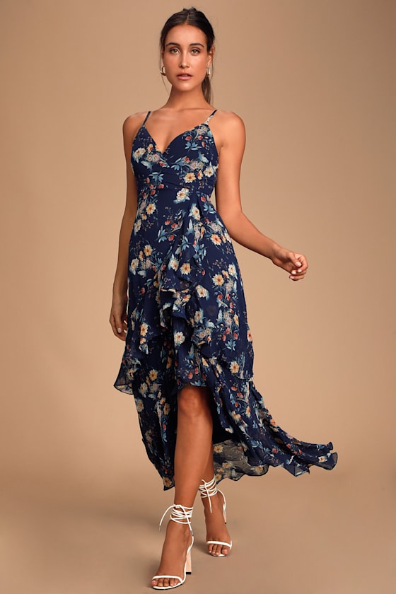 Albina Navy Blue Floral Print Ruffled Maxi Dress 1