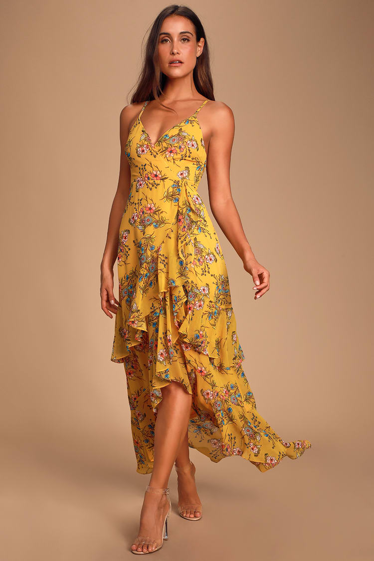 Albina Mustard Yellow Floral Print Ruffled Maxi Dress