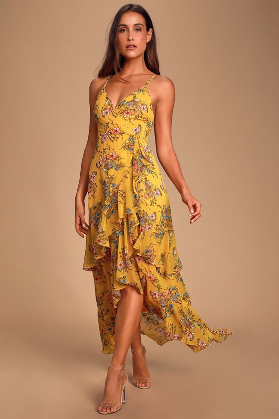 Pretty Mustard Yellow Dress - Surplice Maxi - Floral Print Dress - Lulus