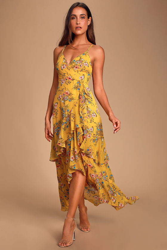 Pretty Mustard Yellow Dress - Surplice Maxi - Floral Print Dress - Lulus