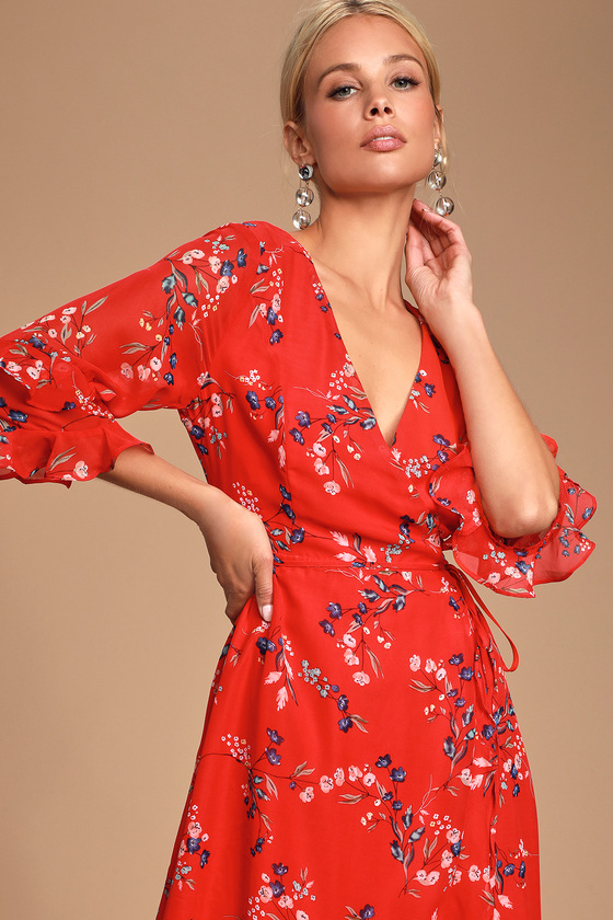 Classic Red Floral Print Dress - Wrap Dress - Ruffled Dress - Lulus