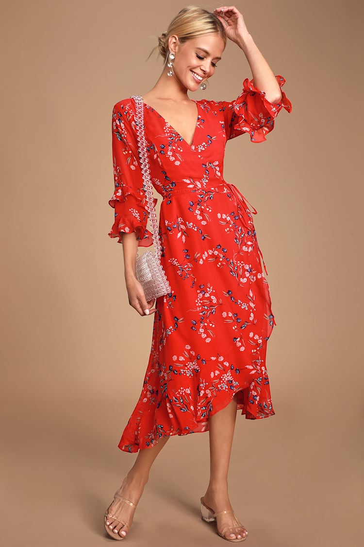Classic Red Floral Print Dress - Wrap Dress - Ruffled Dress - Lulus