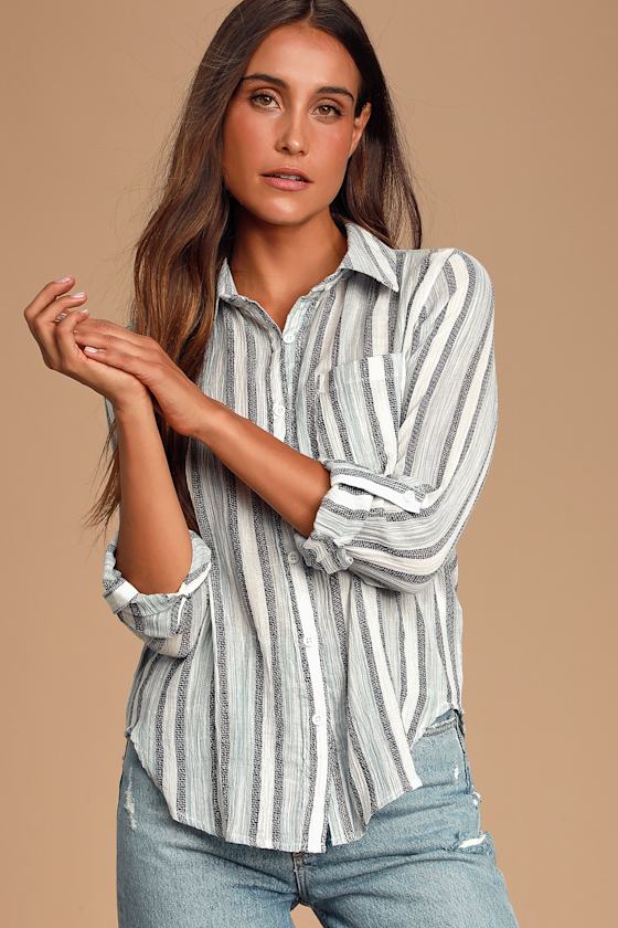 Blue and white strip cotton top with full sleeves