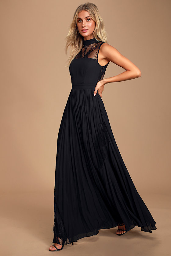 black lace pleated dress
