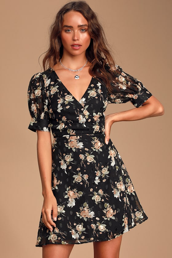 Adorable Black Floral Print Dress - Wrap Dress - Chiffon