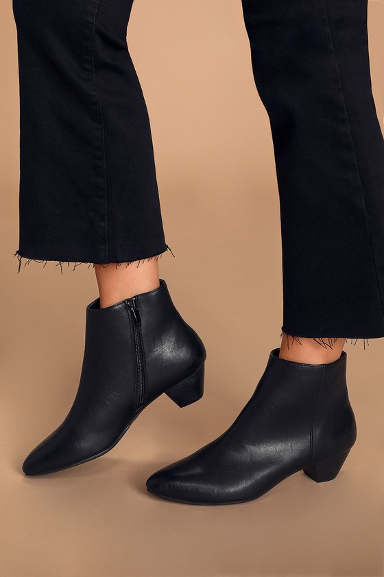black ankle booties with brown heel