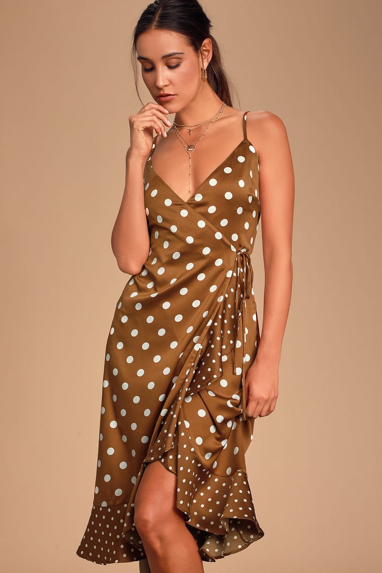 Sexy Satin Dress - Brown Polka Dot Wrap Dress - Ruffled Dress - Lulus