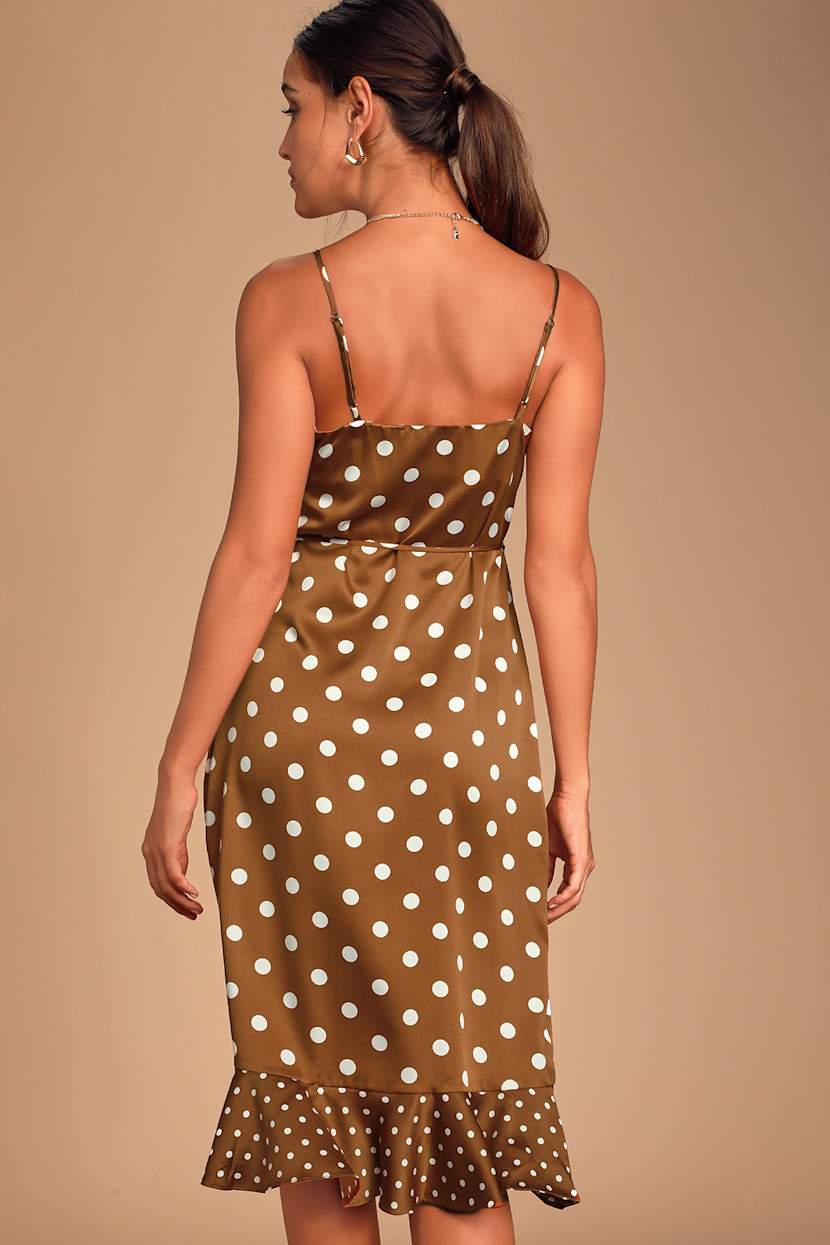 Sexy Satin Dress - Brown Polka Dot Wrap Dress - Ruffled Dress