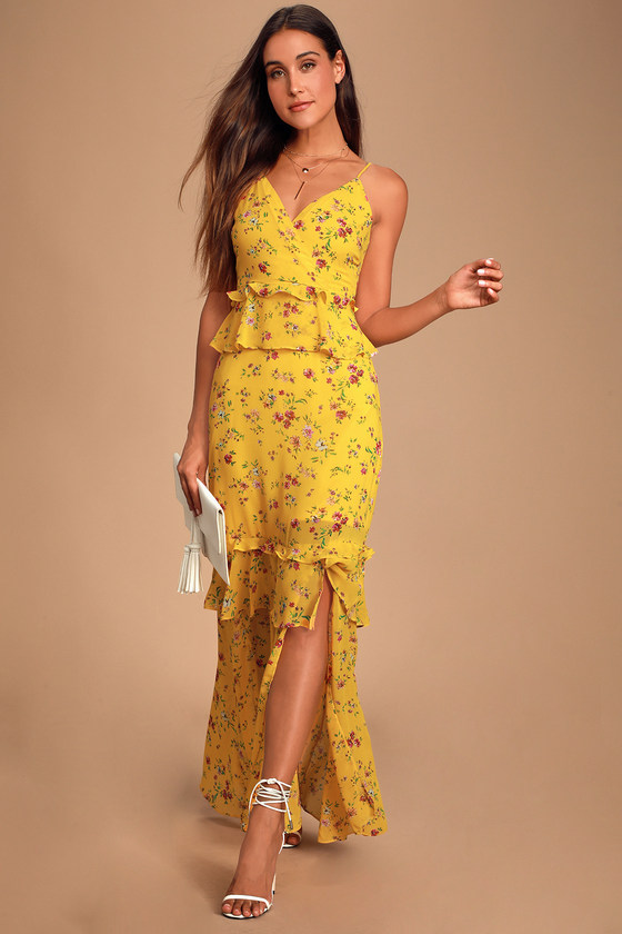 Sunshine Bouquet Yellow Floral Print Ruffled Maxi Dress