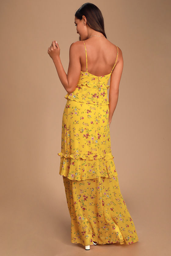 Lovely Yellow Floral Print Dress - Ruffled Dress - Maxi Dress