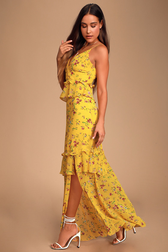 Lovely Yellow Floral Print Dress - Ruffled Dress - Maxi Dress - Lulus