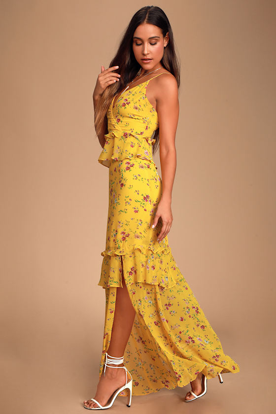 Lovely Yellow Floral Print Dress - Ruffled Dress - Maxi Dress - Lulus