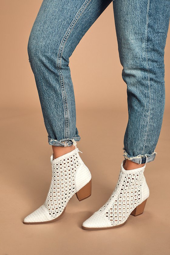 Caught Up White Woven Pointed-Toe Ankle Boots 4