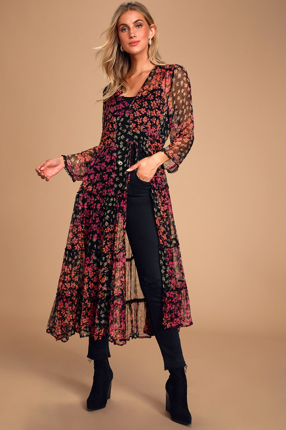 black floral print kimono
