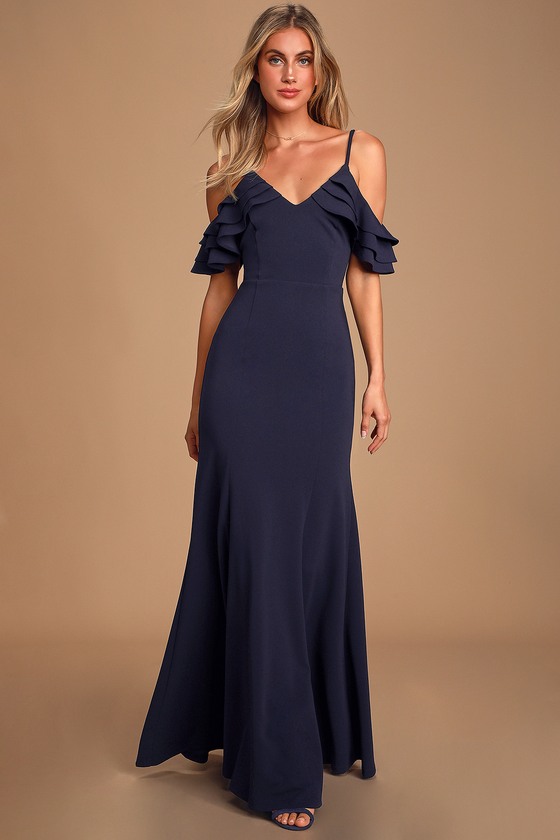 Navy Blue Cold-Shoulder Maxi Dress - Maxi Dress - V-Neck Maxi - Lulus