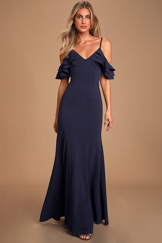 Forever Smitten Navy Blue Cold-Shoulder Maxi Dress 1