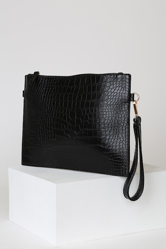 Sofi Black Crocodile Embossed Clutch 2