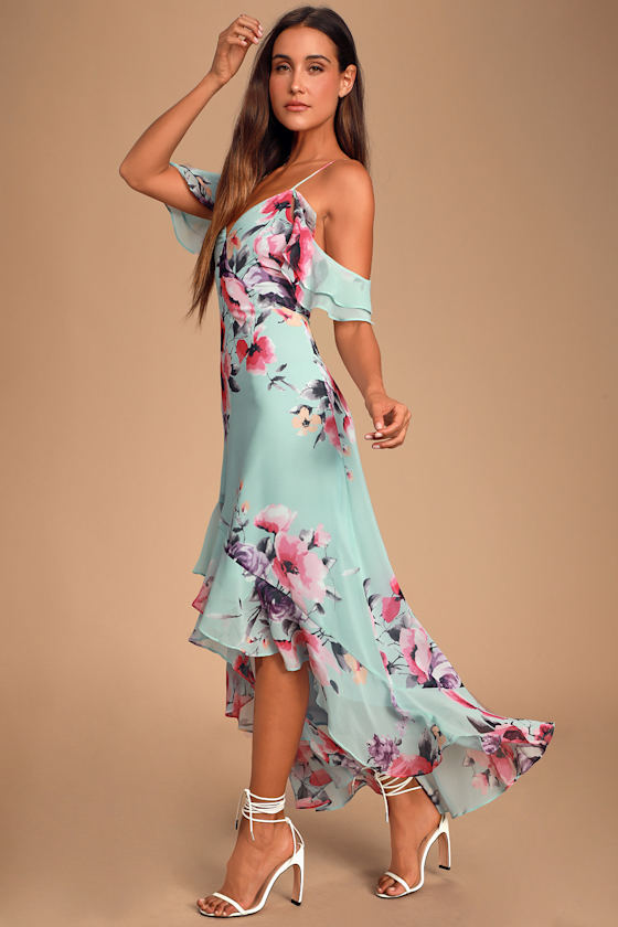 Love in Bloom Blue Floral Print Off-the-Shoulder High-low Dress 10