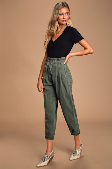 Margate Olive Green Paperbag Waist Pleated Trouser Pants