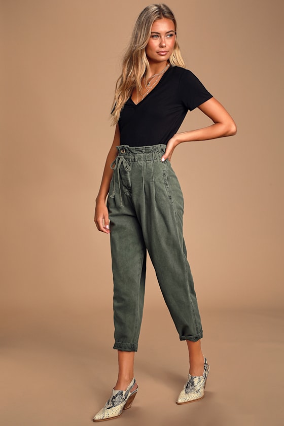 Margate Olive Green Paperbag Waist Pleated Trouser Pants 1