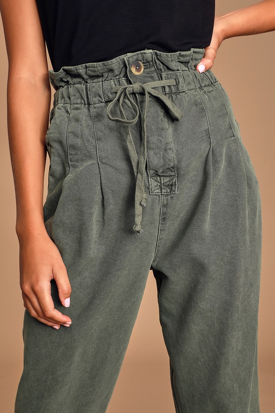 Free People Margate Olive Green Pants Paper Bag Pants Lulus