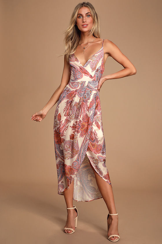 Janey Blush Multi Print Surplice Midi Dress 1