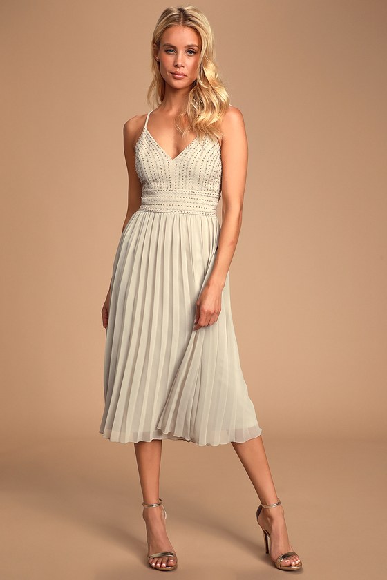 Pretty Grey Embroidered Dress - Midi Dress - Pleated Midi Dress - Lulus