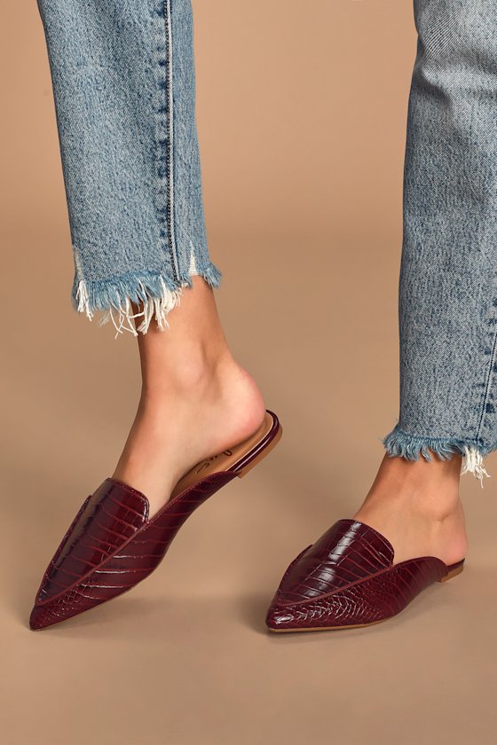 Joelle Burgundy Crocodile-Embossed Loafer Slides 1