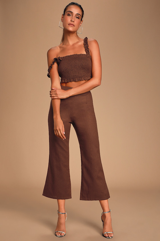 Clairo Washed Burgundy Ruffled Smocked Crop Top 2