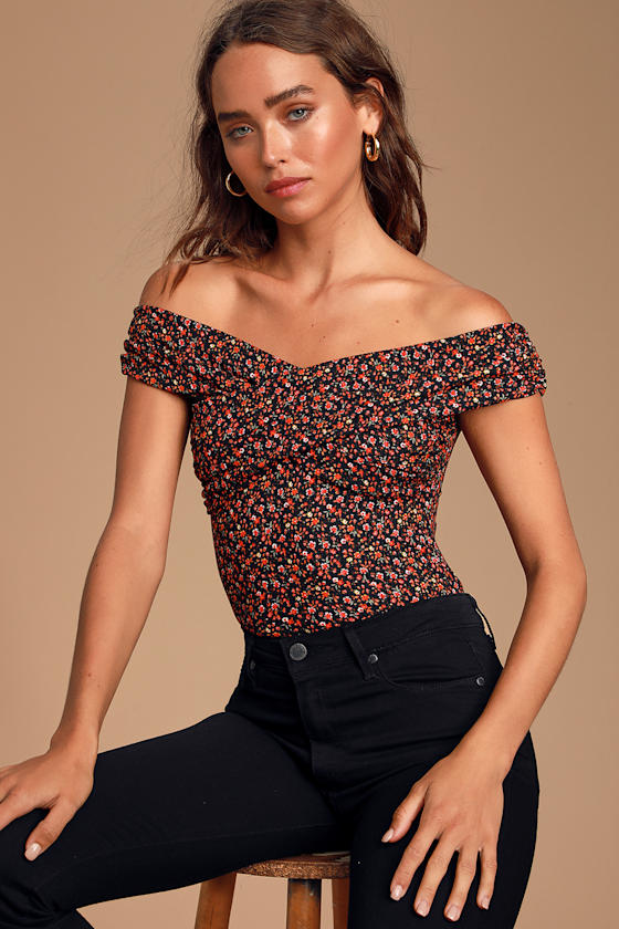 Blissful Blooms Black Floral Print Off-the-Shoulder Bodysuit 2