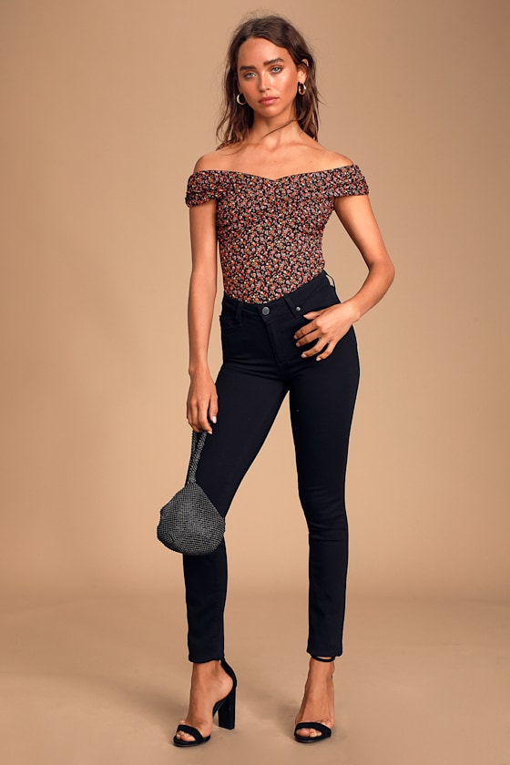 Blissful Blooms Black Floral Print Off-the-Shoulder Bodysuit 6